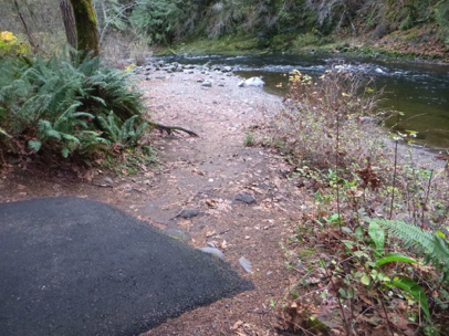 Paved trail transitions to the rocky natural surface of the Salmon River bank – transition is uneven
